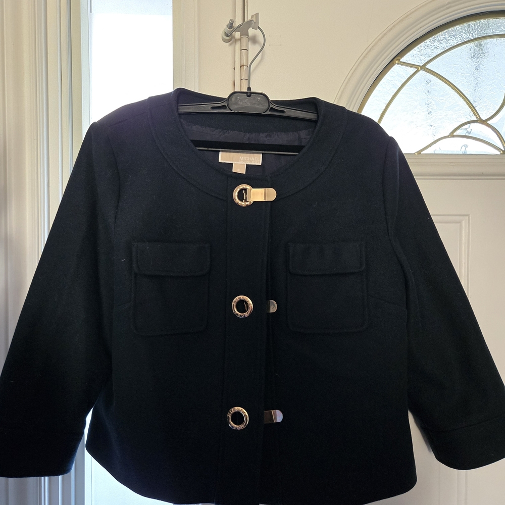 Michael Kors Navy Blue Cropped Boxy Blazer with Gold Hardware
